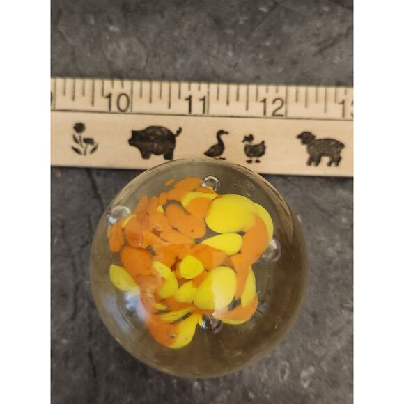 2 Hand‎ Blown Round Glass Paperweight with Yellow Orange Flowers Green Egg - Picture 8 of 13